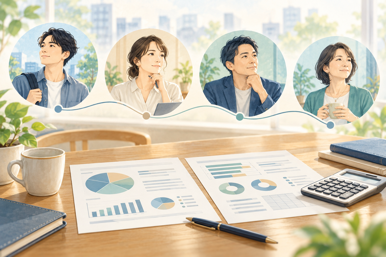 年代の異なる人々と、公式モデルや民間給与の資料を整理する机のイラスト
