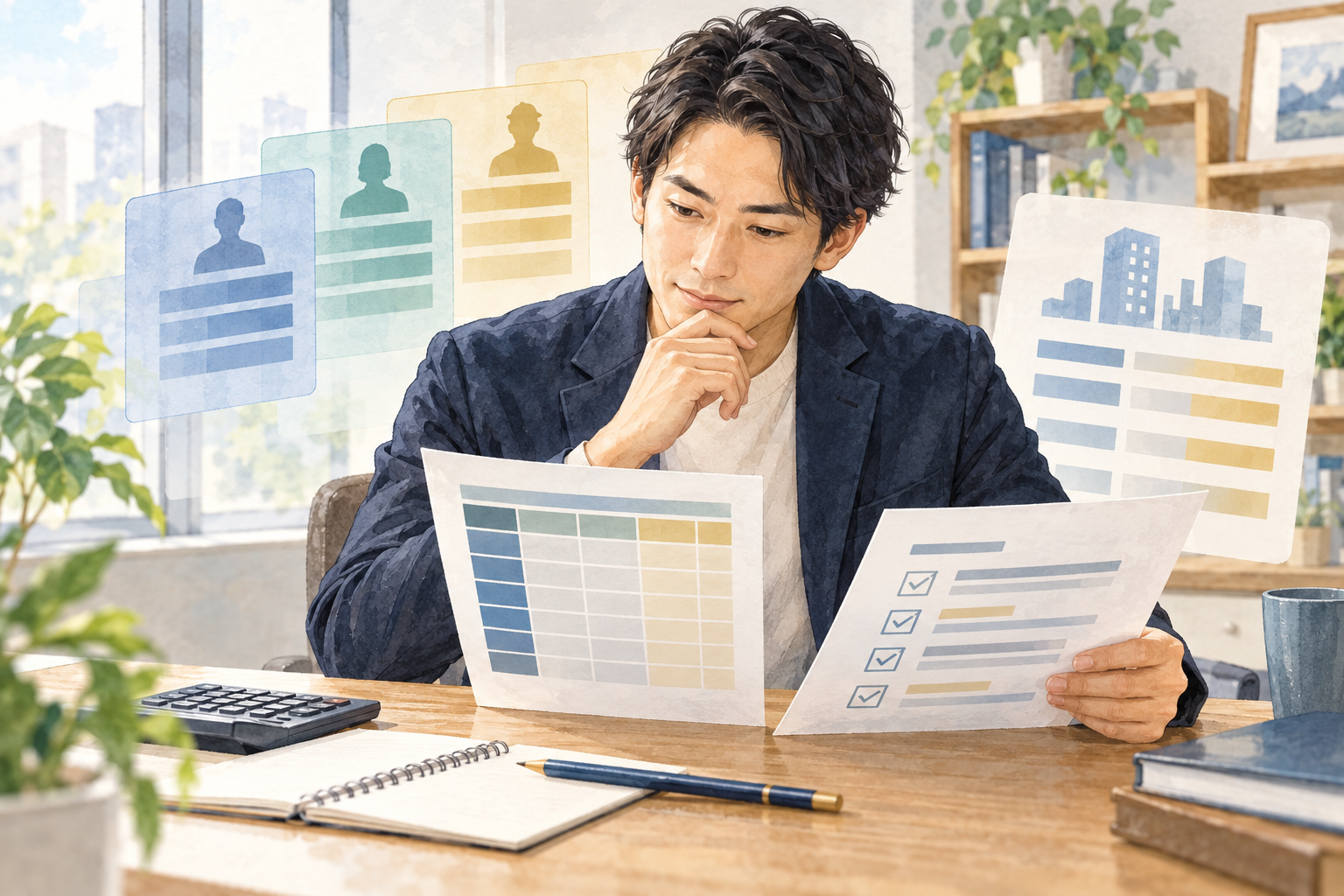 俸給表と求人の条件表を見比べ、給与の内訳を確認する人物のイラスト