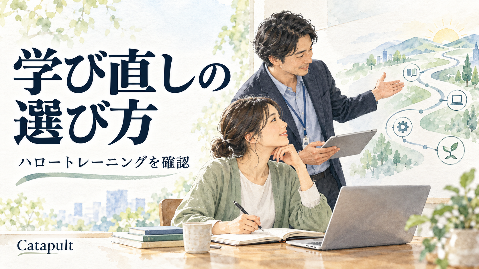職業訓練と学び直しの計画を相談するイラスト