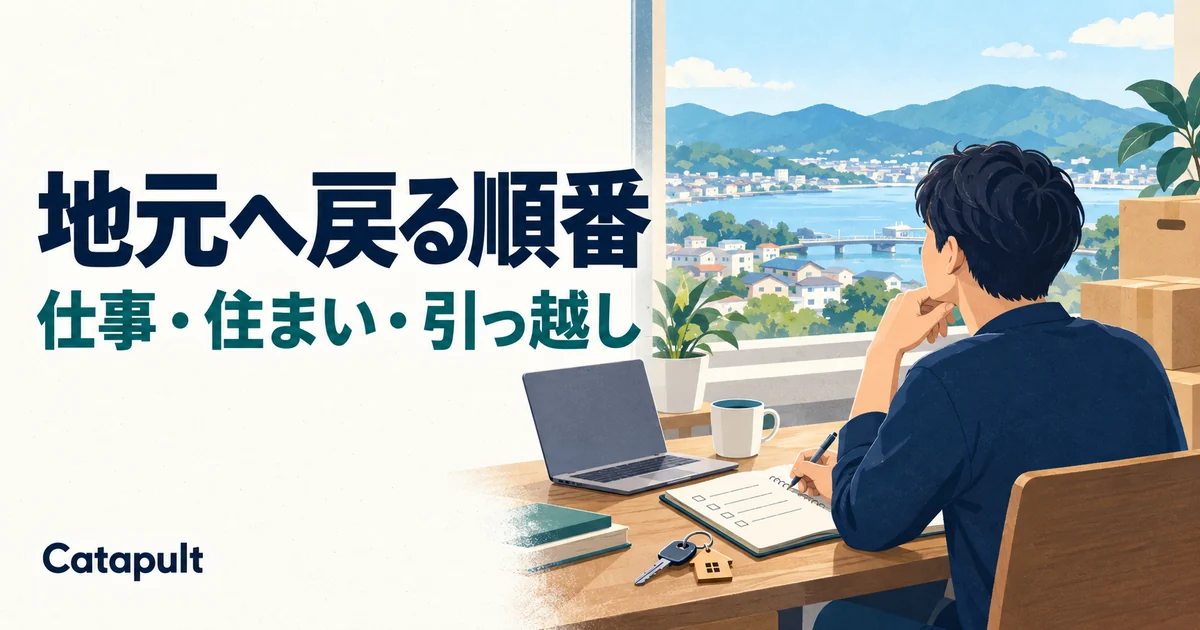 地元への転居を計画する人物と街並み。「地元へ戻る順番」「仕事・住まい・引っ越し」の文字
