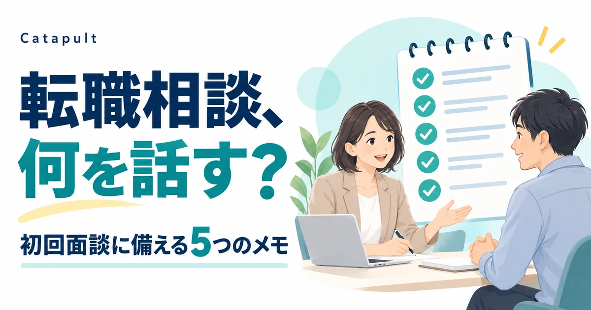 転職相談の初回面談で話す内容を準備する5つのメモと、相談員との面談イラスト